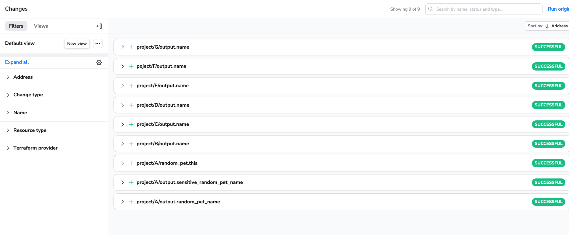 Screenshot of run changes across a run-all Terragrunt stack